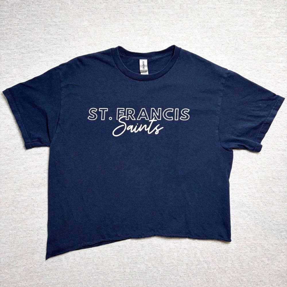 Gildan‎ Womens Crop TShirt Medium Navy Blue St. Francis Saints Raw Hem Cut Tee